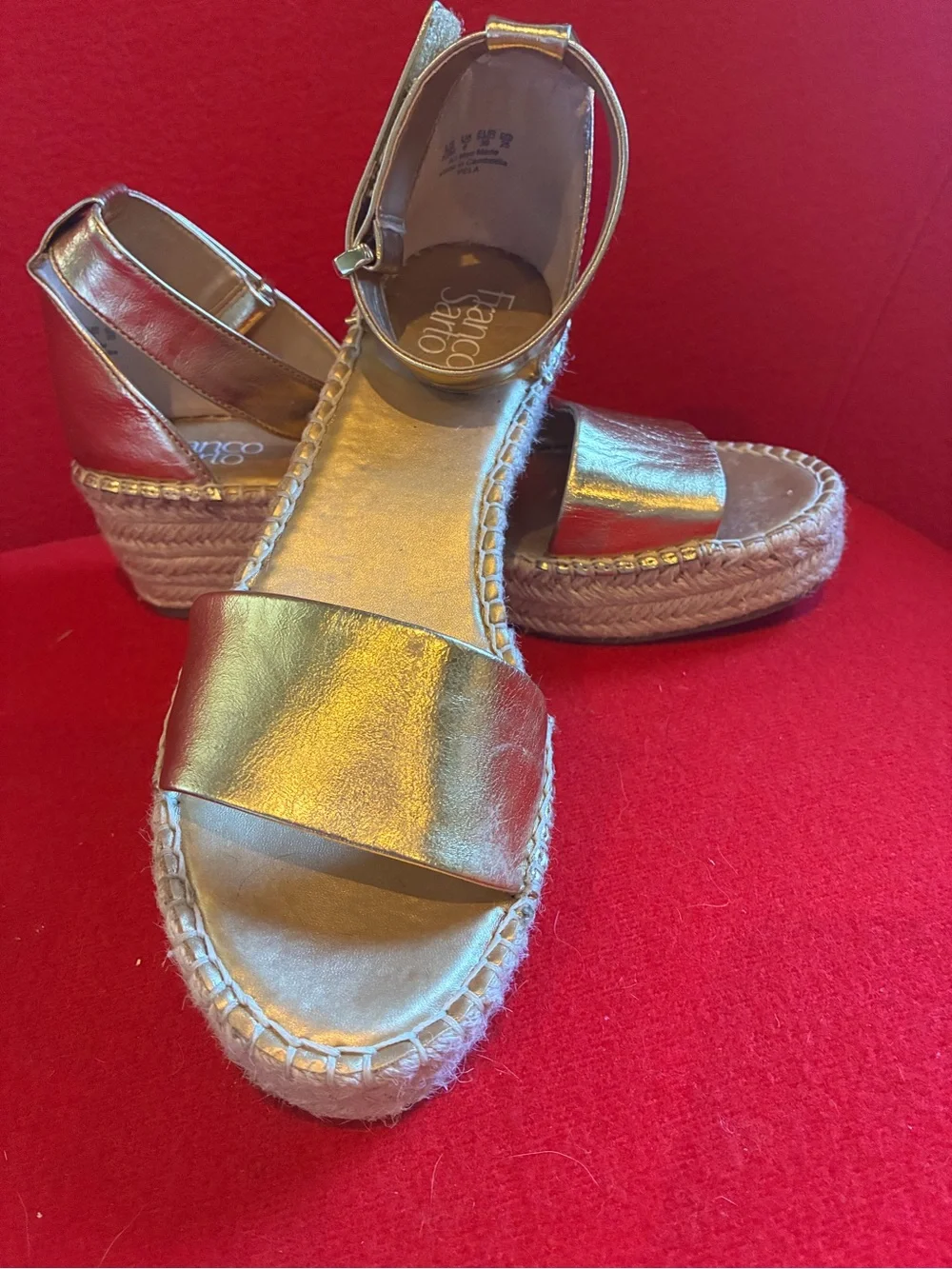 Franco Sarto Metallic Gold Espadrille Wedge Sandals with Ankle Strap